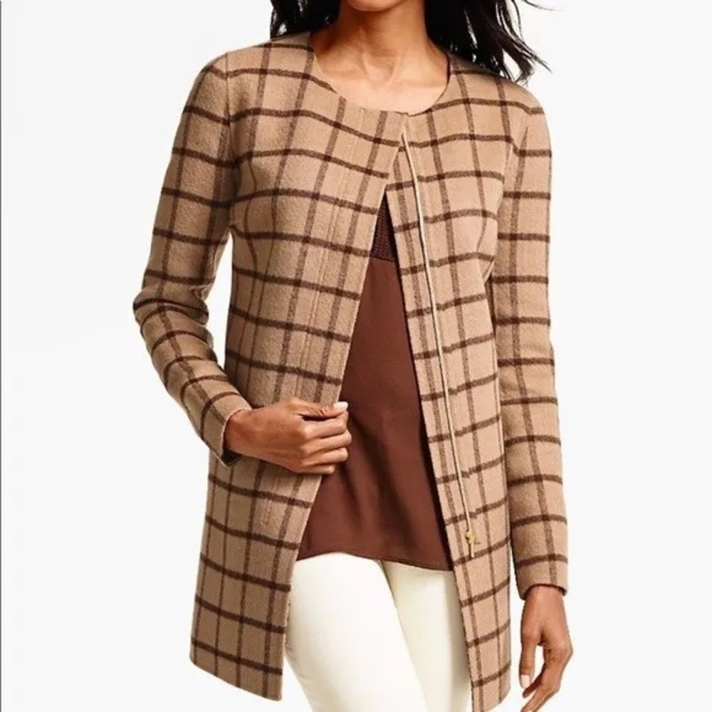 Talbots long sleeve full zip wool coat plaid jacket houndstooth lining large